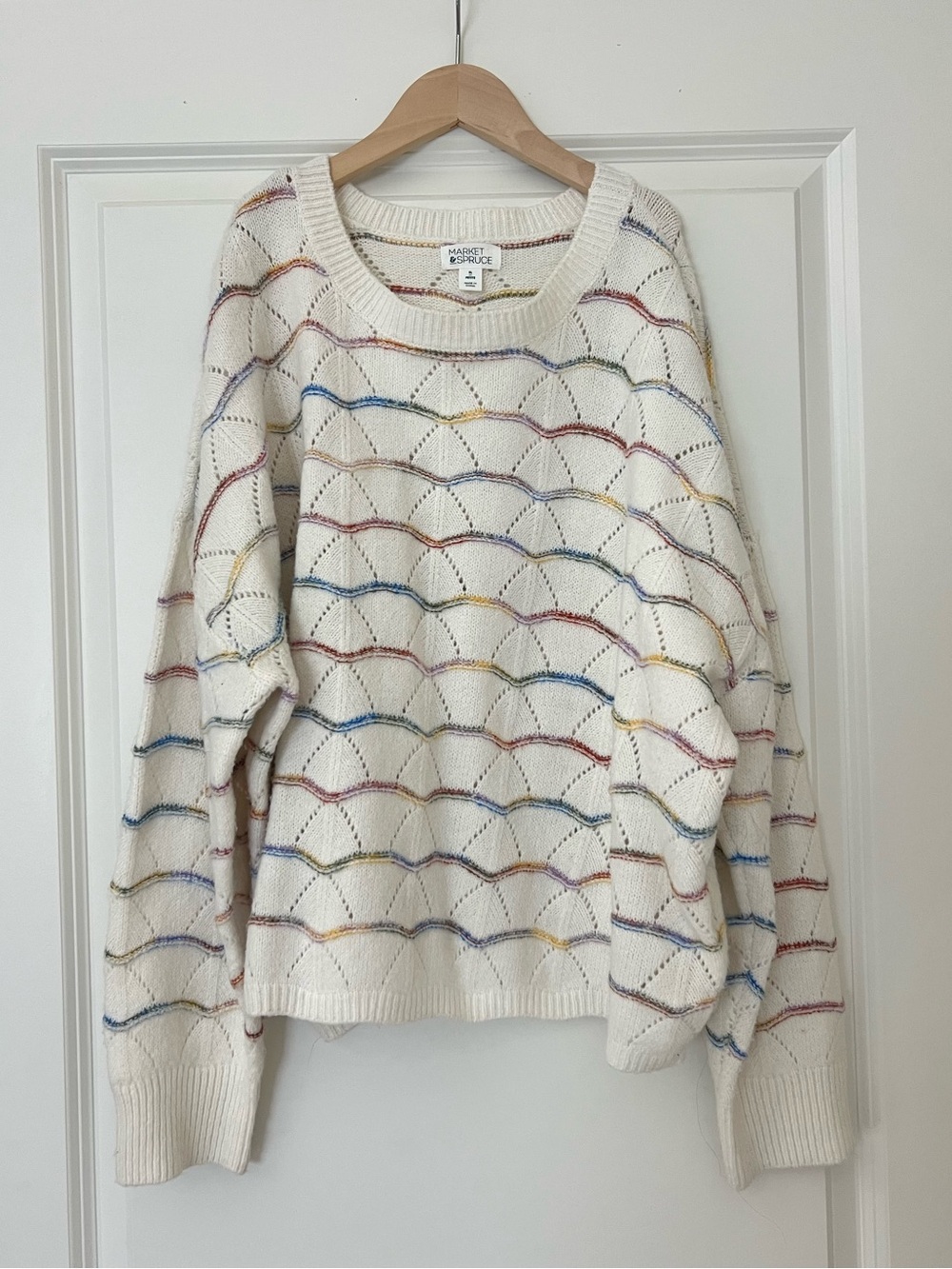 Market & Spruce Cream Crewneck Sweater with Rainbow Scallop Stripes